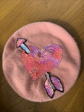 Sequin Heart Arrow Pink Beret - Women Accessories Hat